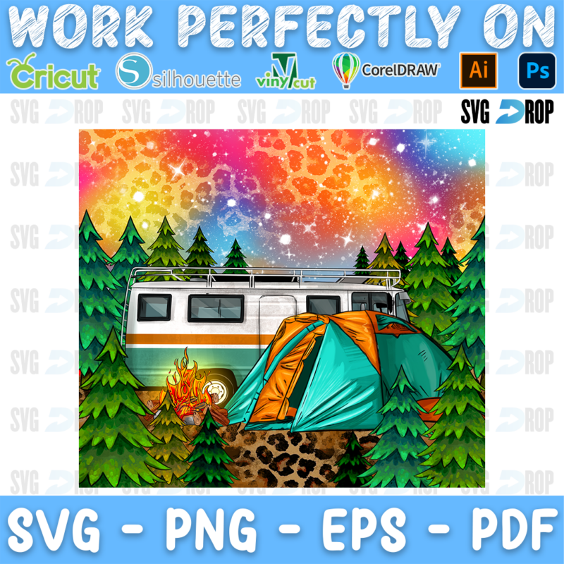A camper van and a turquoise tent with a campfire among pine trees under a rainbow galaxy sky, with a leopard border. Sublimation PNG