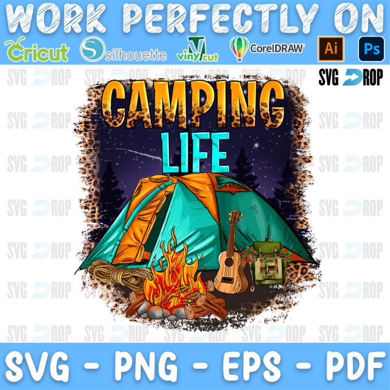 Camping Life lettering in orange and blue letters with a turquoise tent, a campfire and a guitar under a night sky. Sublimation PNG
