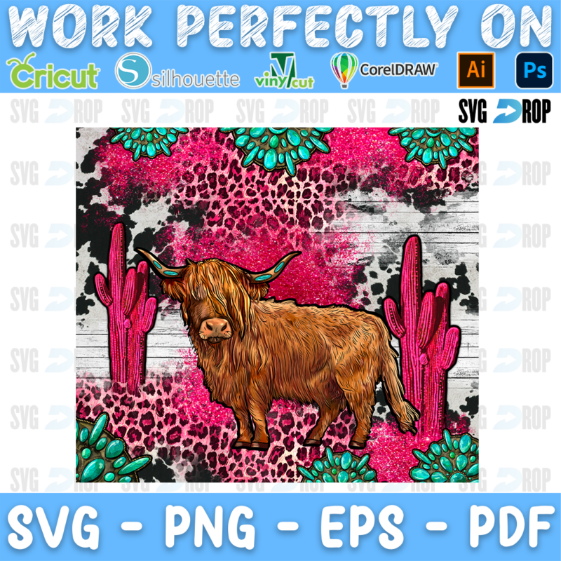 A highland cow between pink cactus on pink leopard print, cowhide and turquoise gemstones. Sublimation PNG