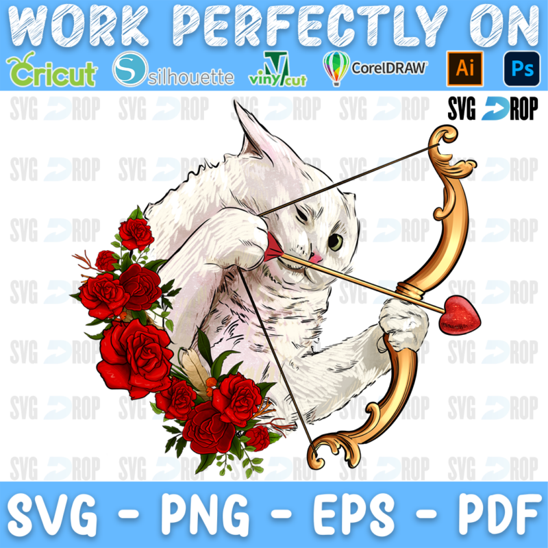 A white cat as cupid holding a gold bow and a heart arrow among red roses. Sublimation PNG