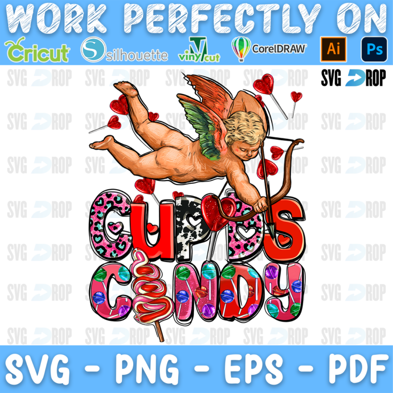 Cupid's Candy lettering in pink leopard and red letters with a cupid holding a heart lollipop. Sublimation PNG