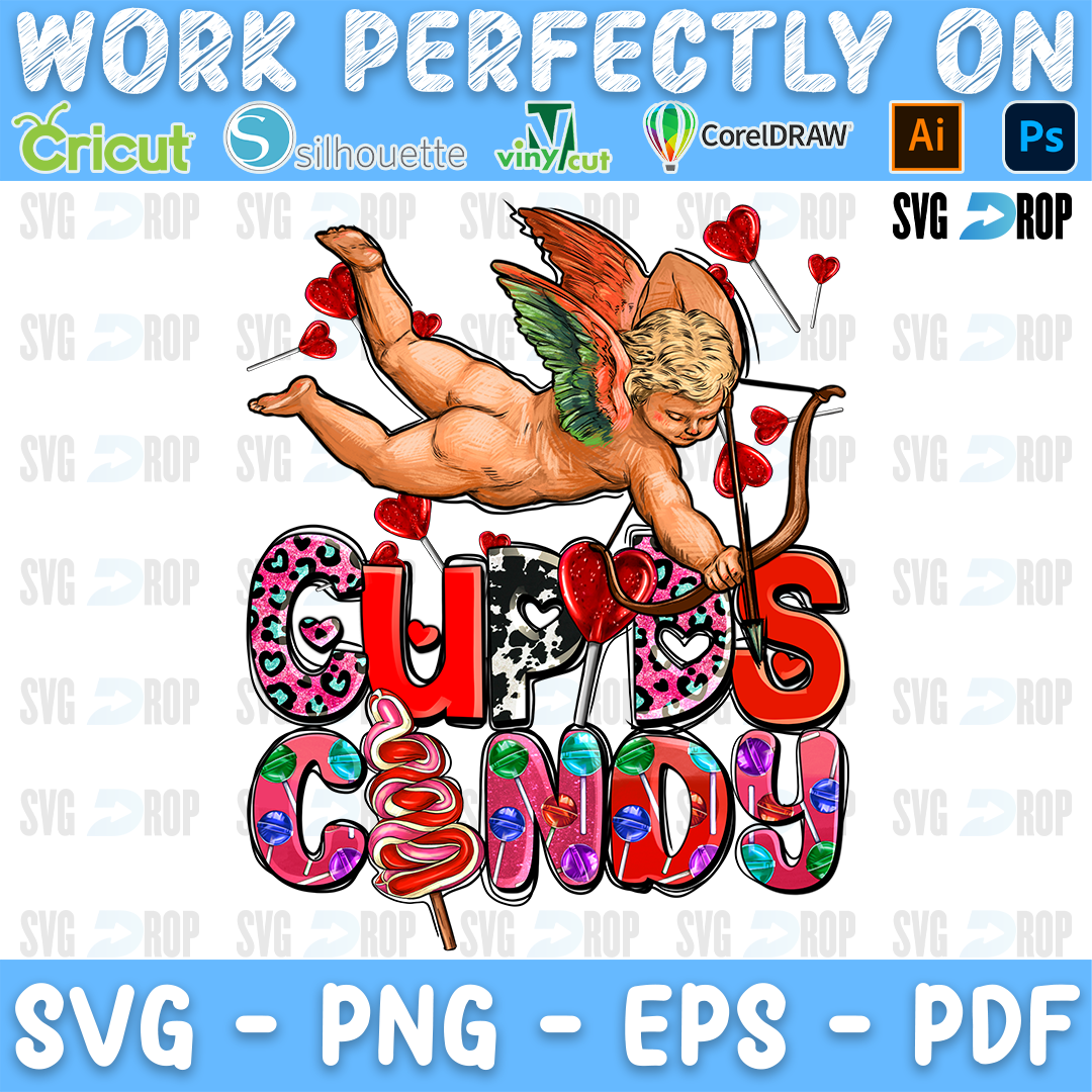 Cupid's Candy lettering in pink leopard and red letters with a cupid holding a heart lollipop. Sublimation PNG
