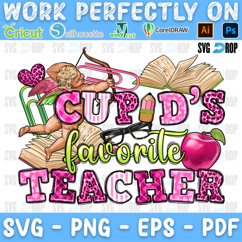 Cupid's Favorite Teacher lettering in pink leopard and green script letters with a cupid, books, an apple and paper clips. Sublimation PNG