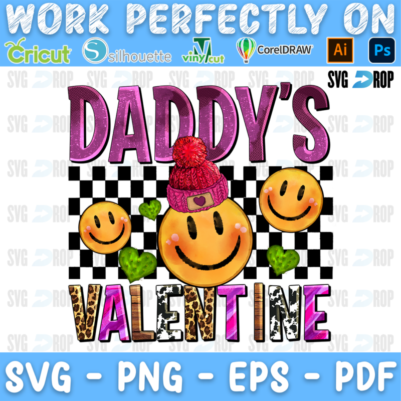 Daddy's Valentine lettering in purple glitter and leopard letters with smiley faces in beanies on a checkered background. Sublimation PNG