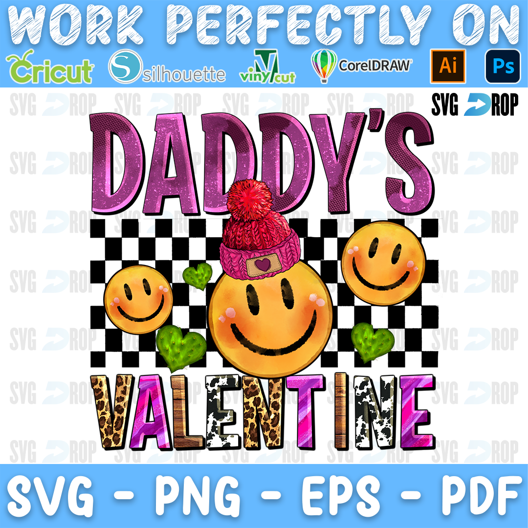 Daddy's Valentine lettering in purple glitter and leopard letters with smiley faces in beanies on a checkered background. Sublimation PNG