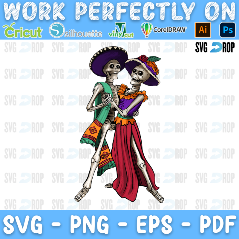 A Day of the Dead sublimation design with no background: a skeleton couple dancing, the man in a sombrero and the woman in a red. Sublimation PNG