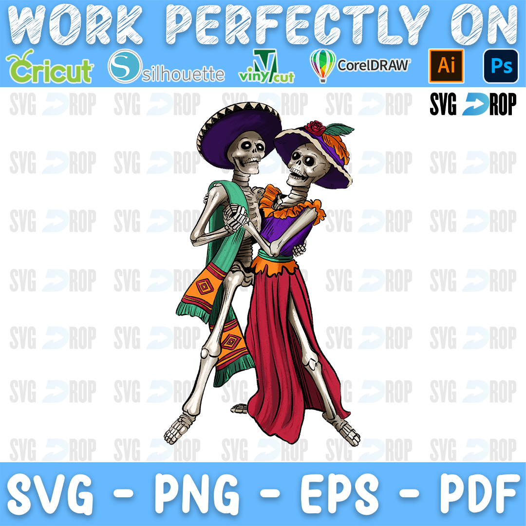 Day of The Dead Skeletons Dancing Couple PNG