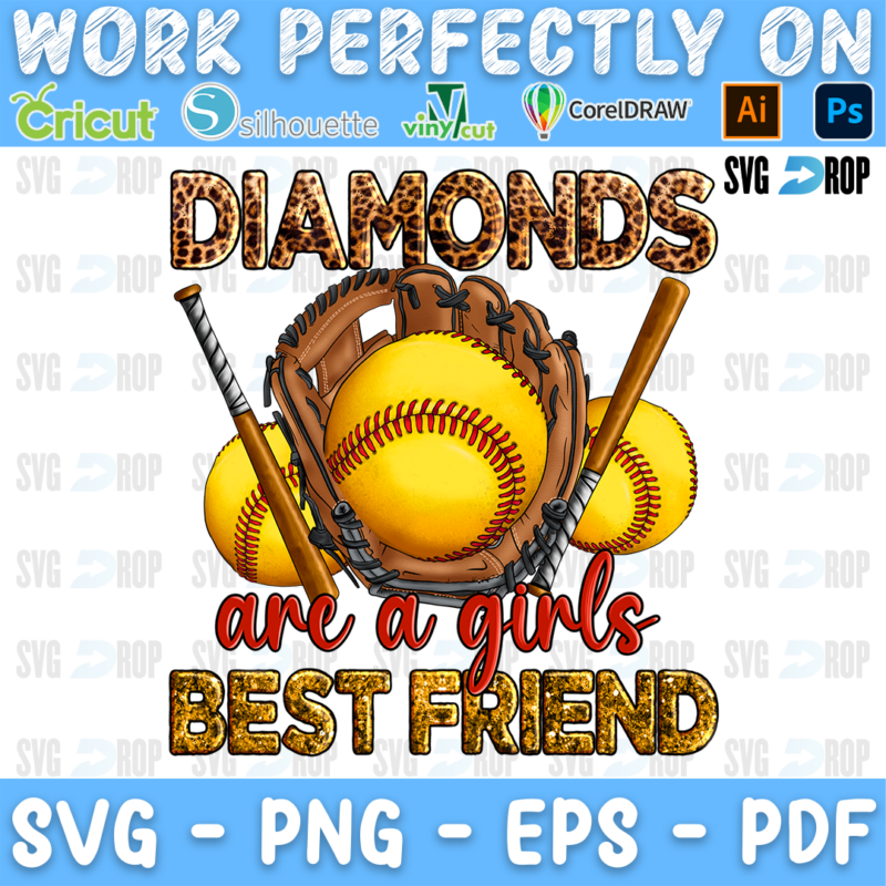 Diamonds Are a Girl's Best Friend lettering in leopard and red script letters with a softball glove, softballs and bats. Sublimation PNG
