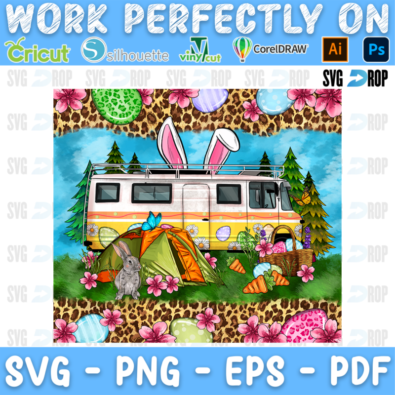 A retro camper van with bunny ears, a tent, bunnies and Easter eggs on a meadow with leopard and Easter egg borders. Sublimation PNG
