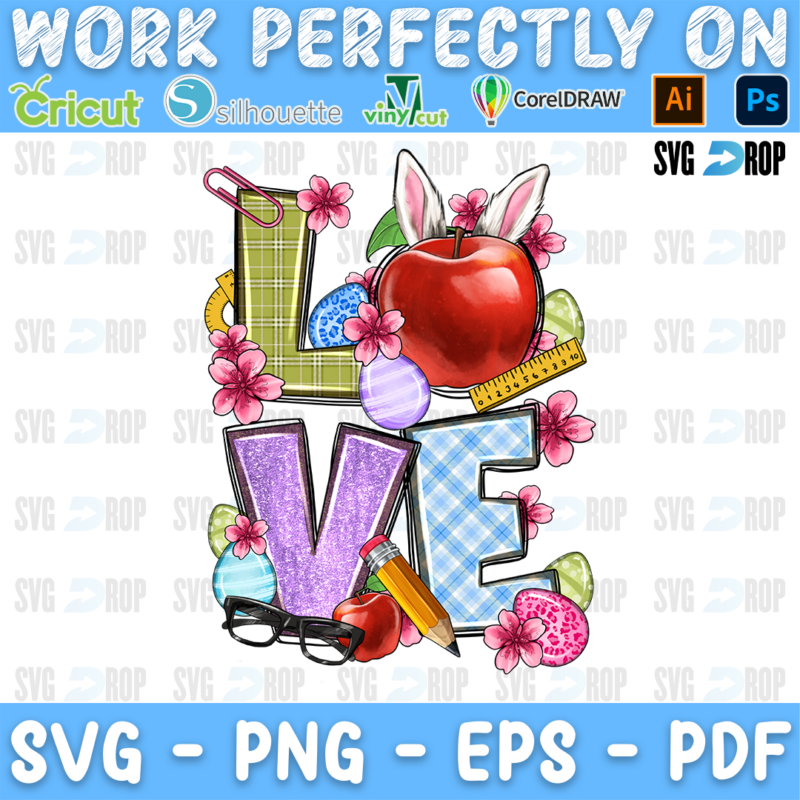 LOVE in green plaid, purple and blue letters with an apple, bunny ears, Easter eggs, pink flowers and glasses. Sublimation PNG