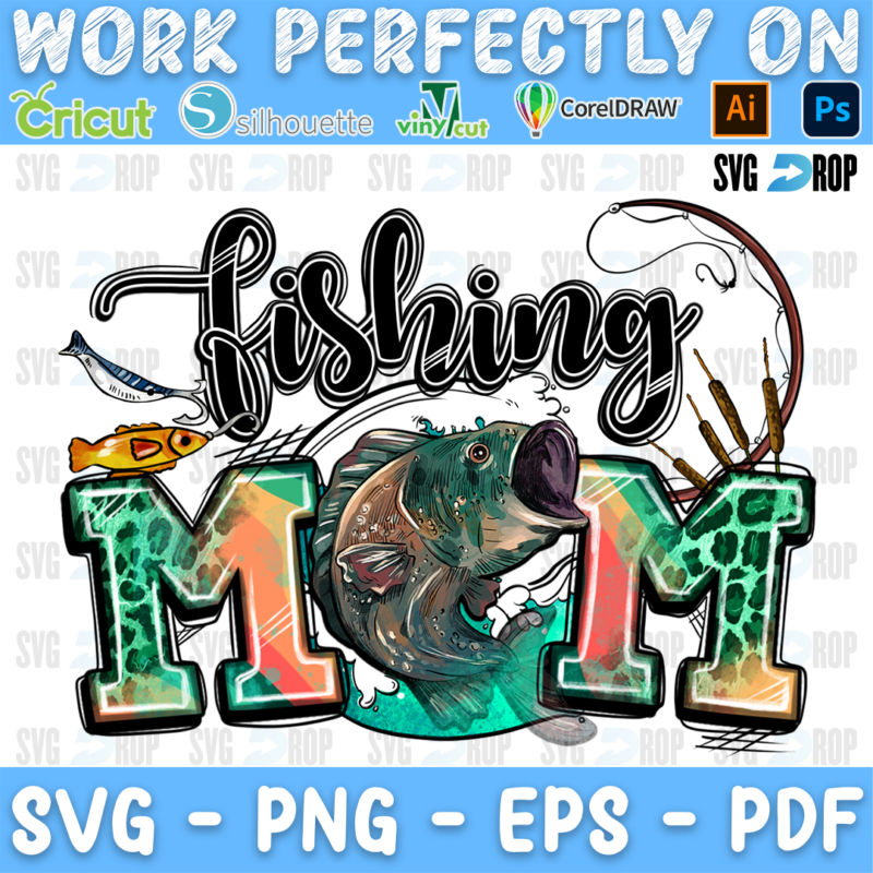 Fishing Mom lettering in black script and turquoise, leopard letters with a bass fish, a fishing rod and a lure. Sublimation PNG