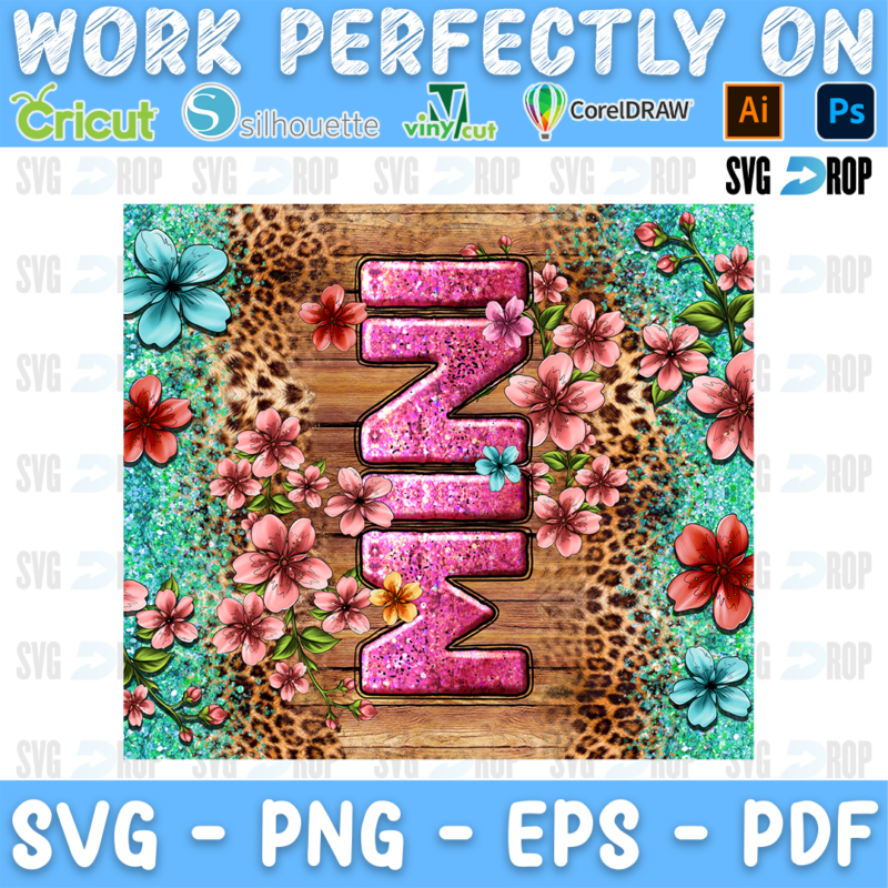 MINI in vertical pink glitter letters on wood, turquoise glitter and leopard with pink and turquoise flowers. Sublimation PNG