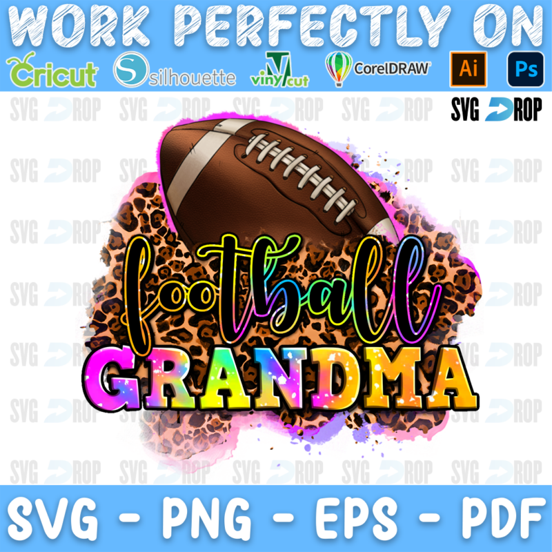 A football grandma sublimation design: a football over a leopard print splash with teal Football script and bold rainbow tie dye. Sublimation PNG