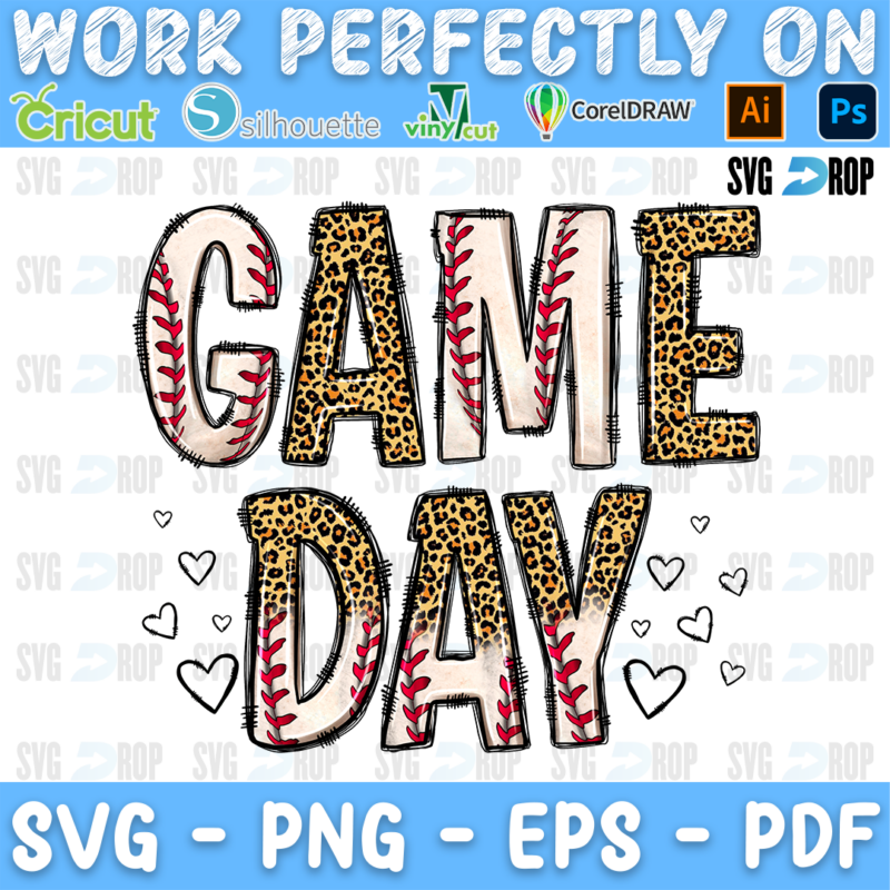 A baseball game day design: large Game Day letters alternating baseball leather with red stitches and leopard print, surrounded by. Sublimation PNG