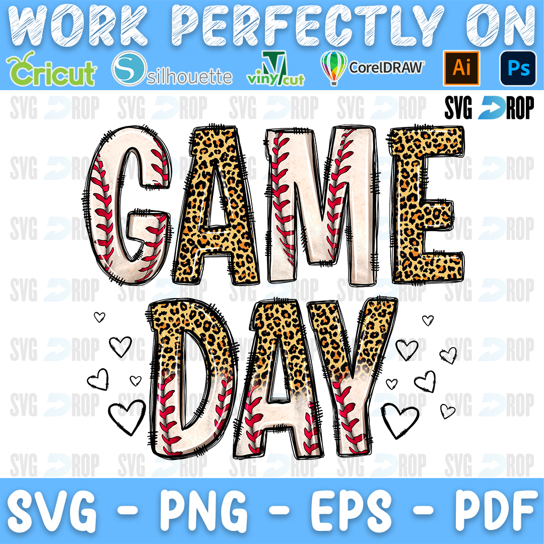 Game Day Baseball Leopard Letters and Hearts PNG