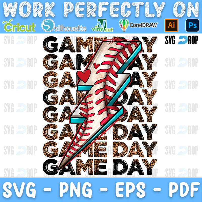 A baseball game day design: stacked Game Day lettering in black and leopard print with a baseball stitched lightning bolt, a teal. Sublimation PNG