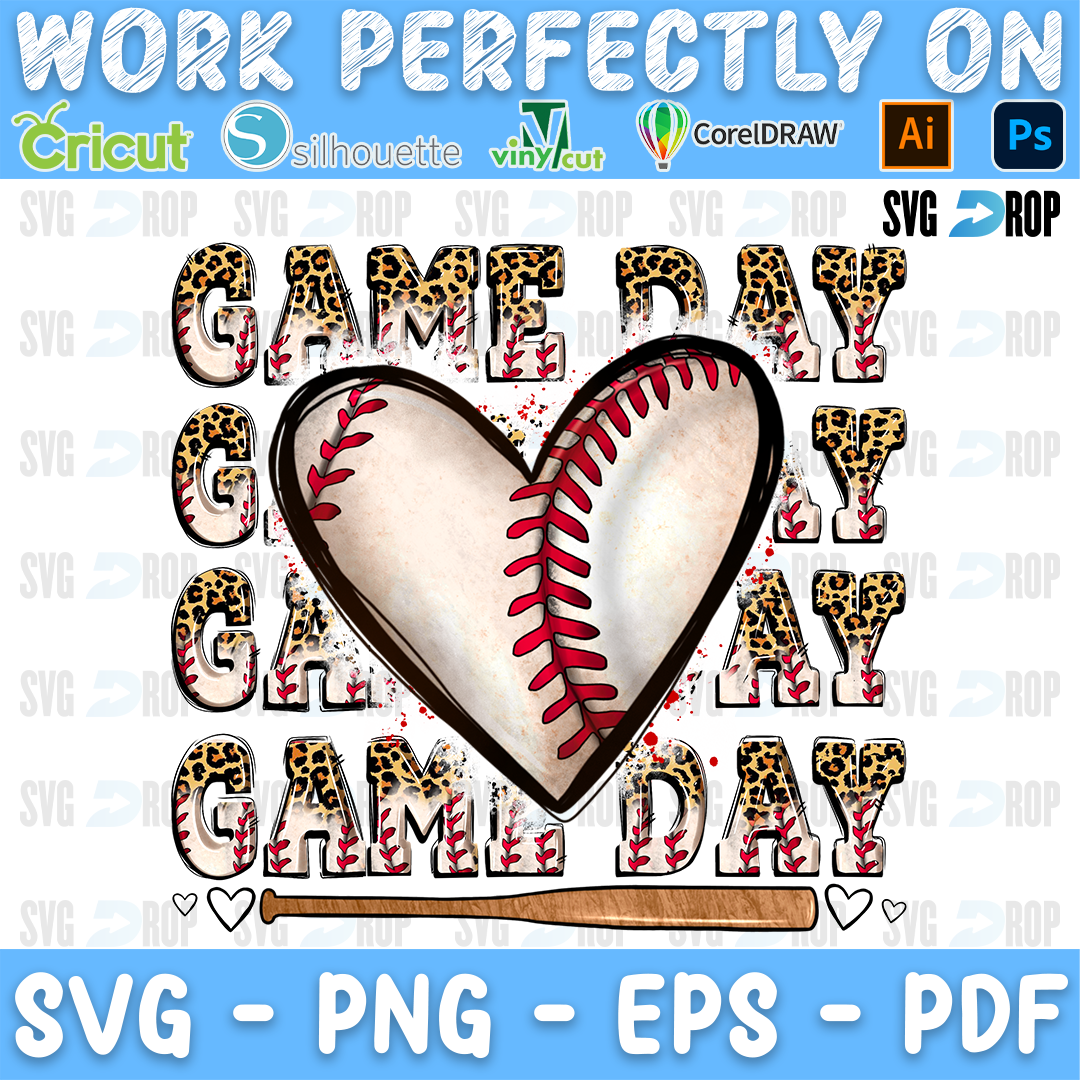 Game Day Baseball Heart and Bat PNG