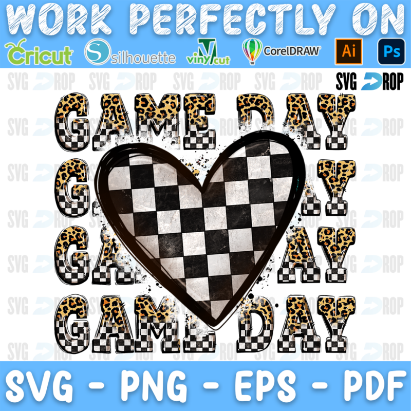 Stacked Game Day lettering in checkered and leopard letters with a black and white checkered heart. Sublimation PNG