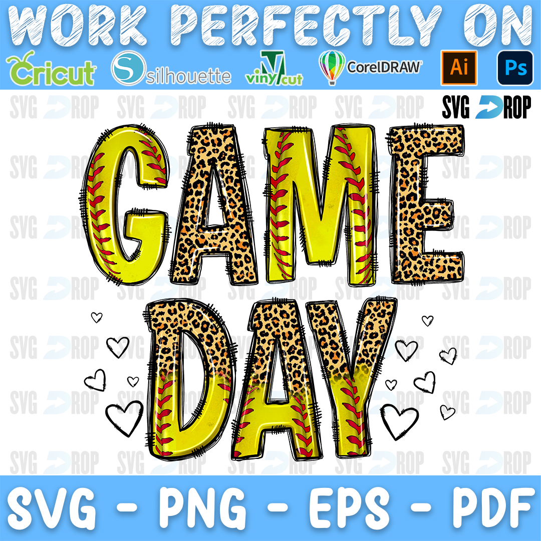 Game Day Softball Leopard Letters and Hearts PNG