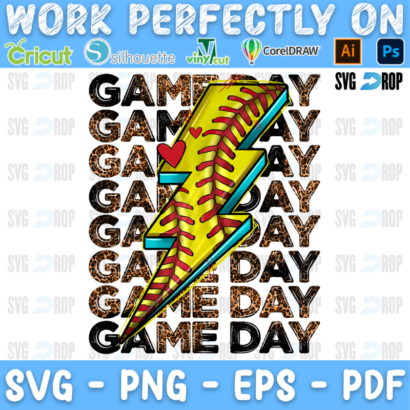 A softball game day design: stacked Game Day lettering in black and leopard print with a yellow softball stitched lightning bolt. Sublimation PNG