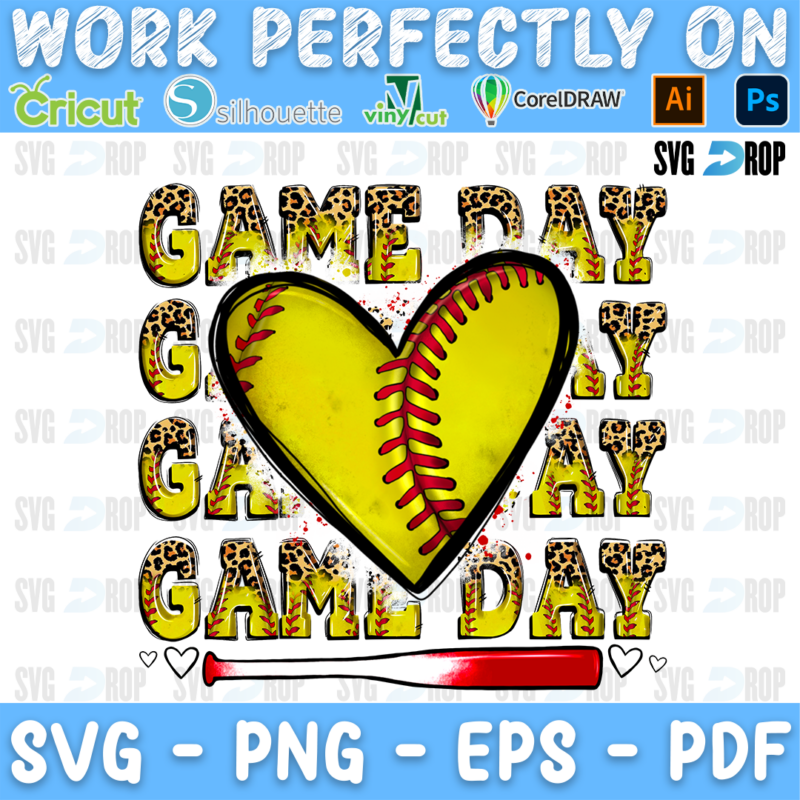 A softball game day design: stacked Game Day lettering in yellow softball and leopard fills behind a yellow softball heart. Sublimation PNG