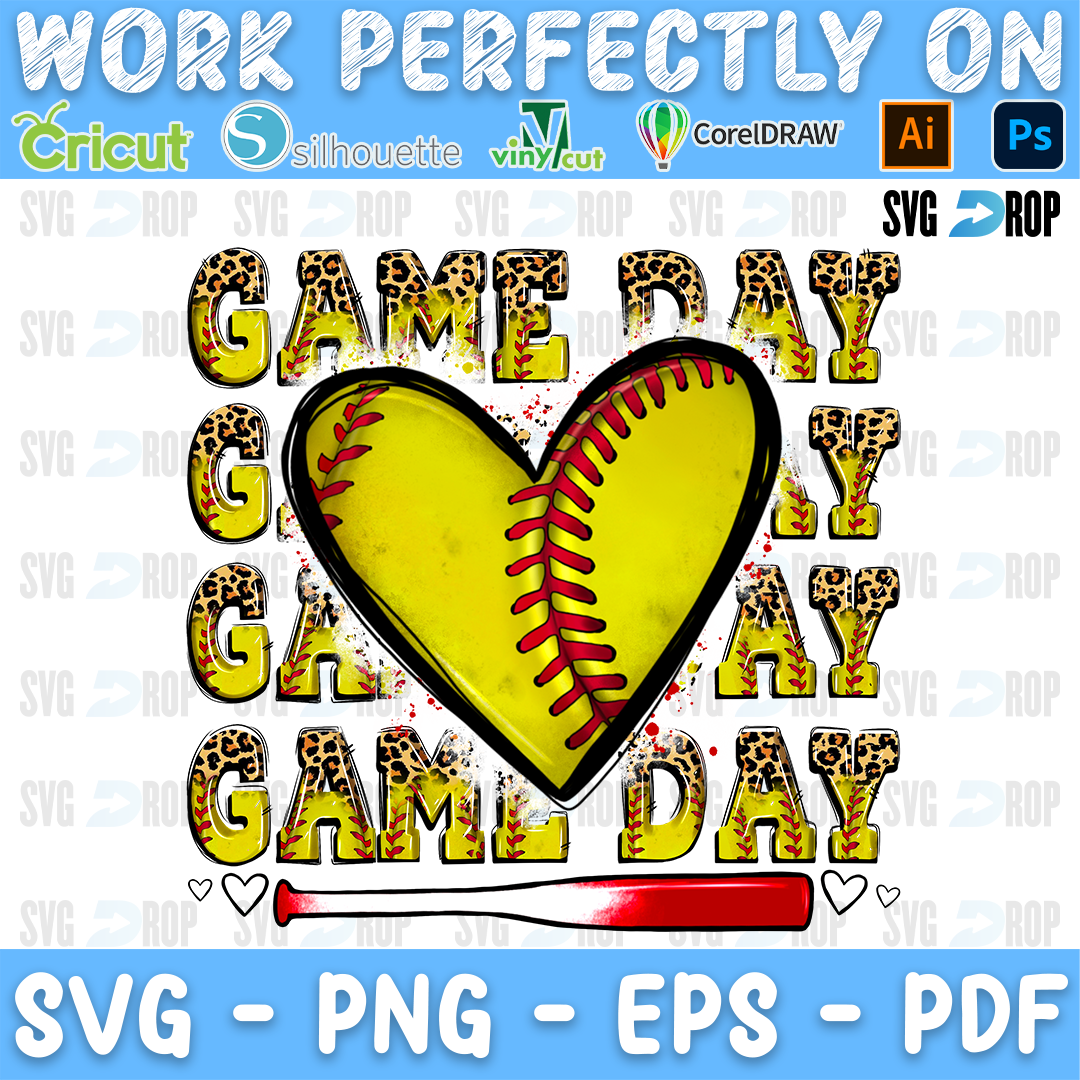 Game Day Softball Heart and Bat PNG