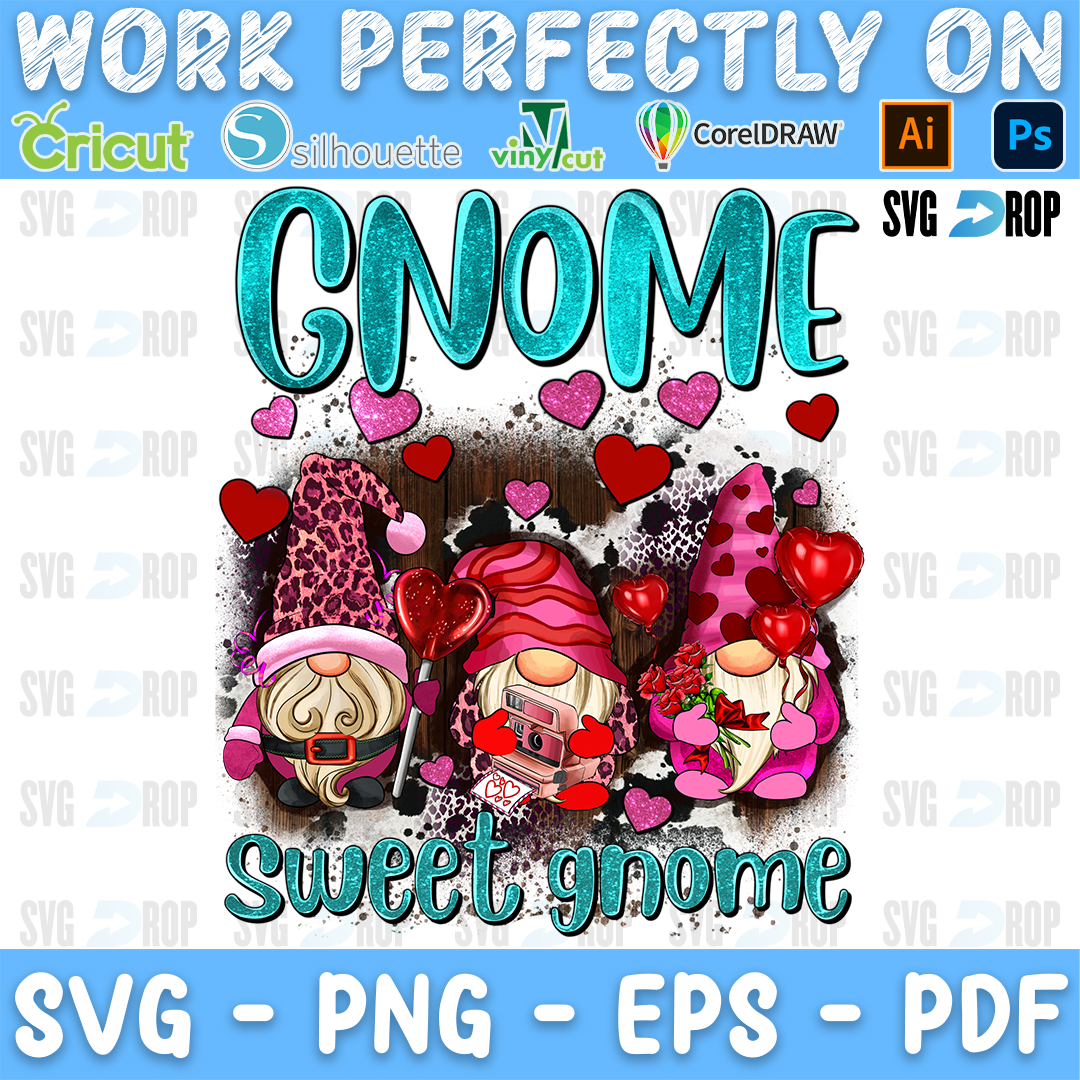Gnome Sweet Gnome lettering in turquoise with three pink Valentine gnomes, hearts and a leopard heart. Sublimation PNG