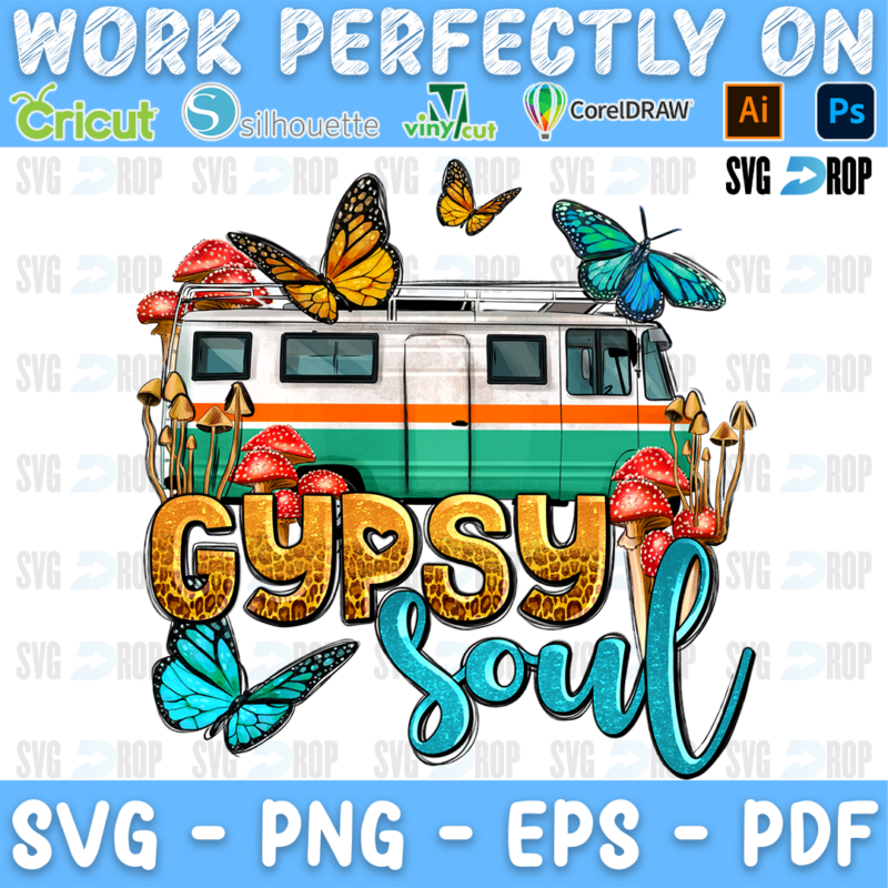 Gypsy Soul lettering in leopard and turquoise script with a retro camper van, mushrooms and butterflies. Sublimation PNG