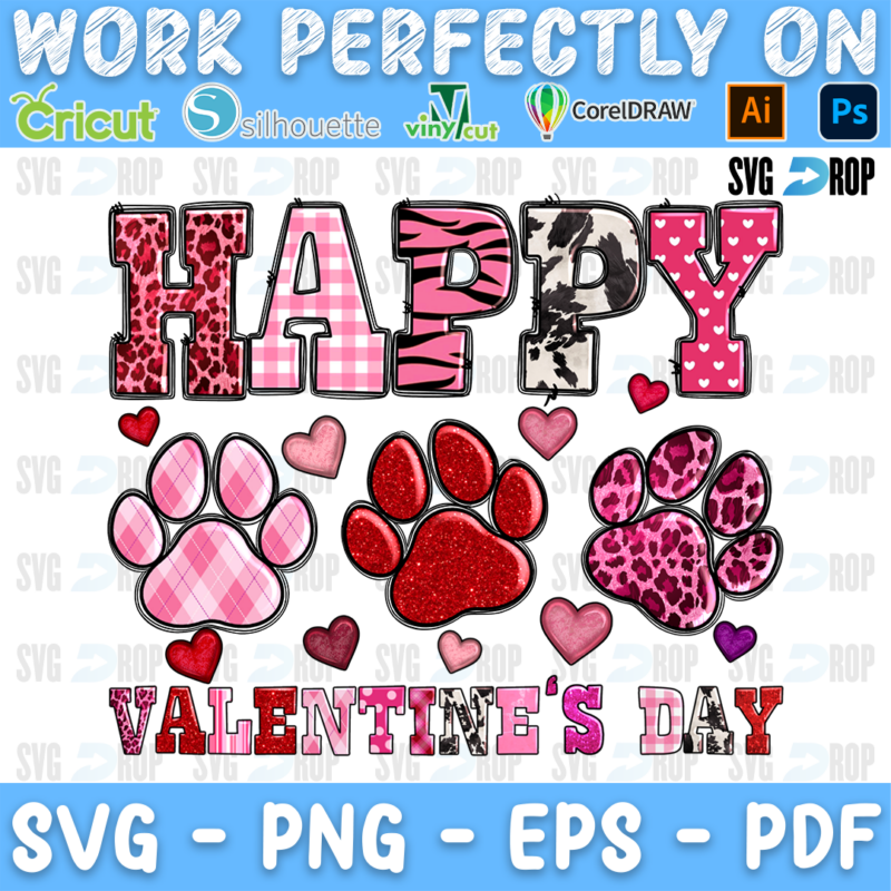 Happy Valentine's Day lettering in pink plaid, leopard and cowhide letters with three pink and red paw prints. Sublimation PNG