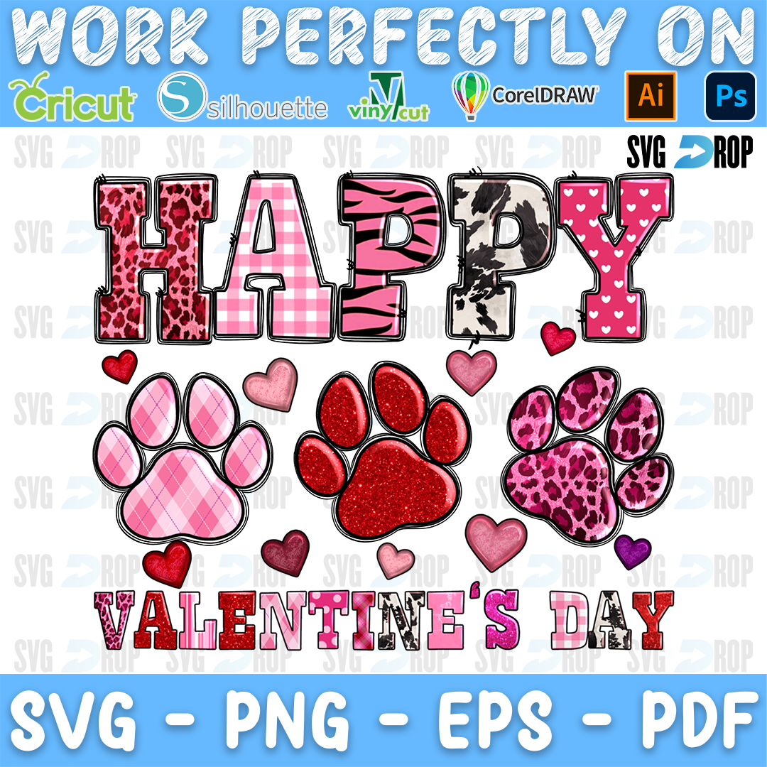 Happy Valentine's Day lettering in pink plaid, leopard and cowhide letters with three pink and red paw prints. Sublimation PNG