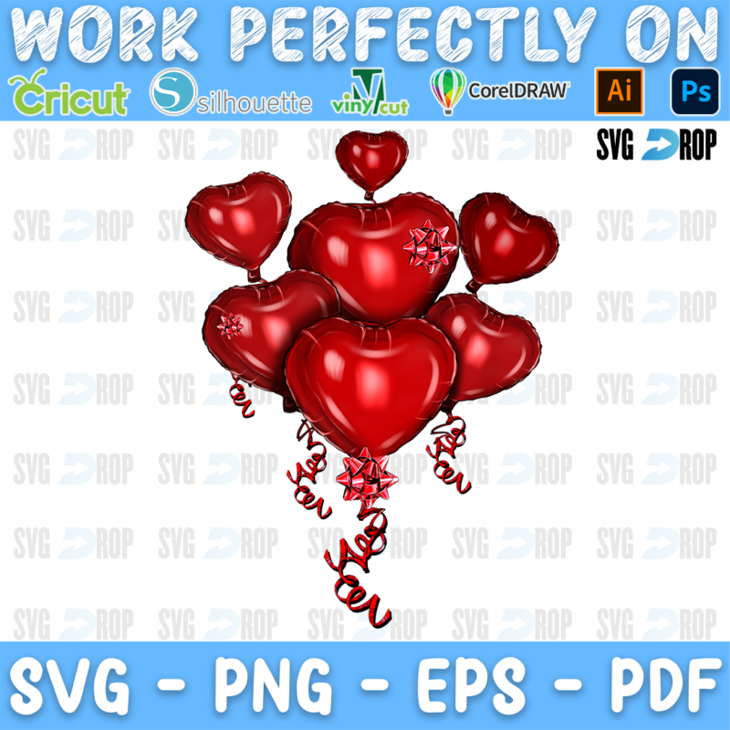 A bunch of red heart balloons with ribbons. Sublimation PNG