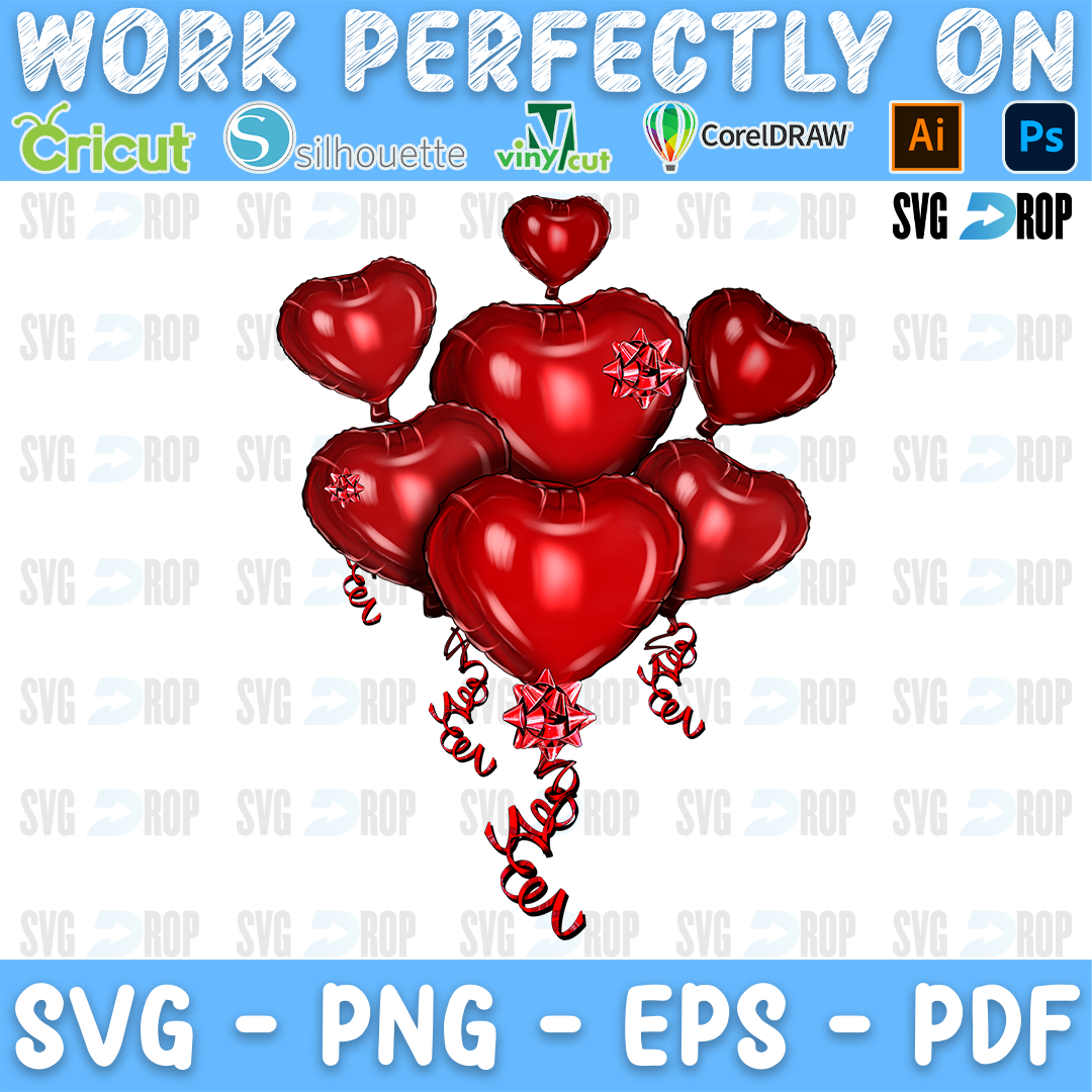 A bunch of red heart balloons with ribbons. Sublimation PNG
