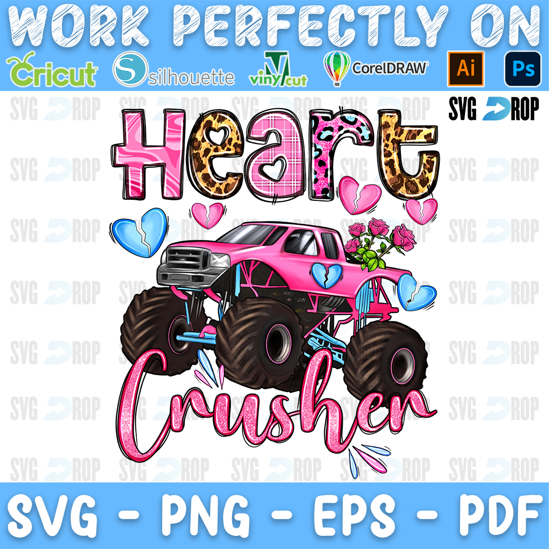 Heart Crusher lettering in leopard and pink letters with a pink monster truck and hearts. Sublimation PNG