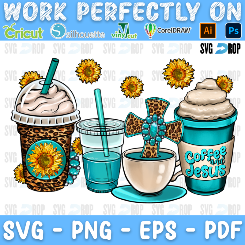 Coffee and Jesus cups: leopard and turquoise coffee drinks with a turquoise cross and sunflowers. Sublimation PNG