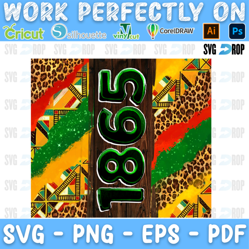 A Juneteenth design: a dark wood strip with green outlined 1865 numbers over red, green and yellow brush strokes, leopard print. Sublimation PNG