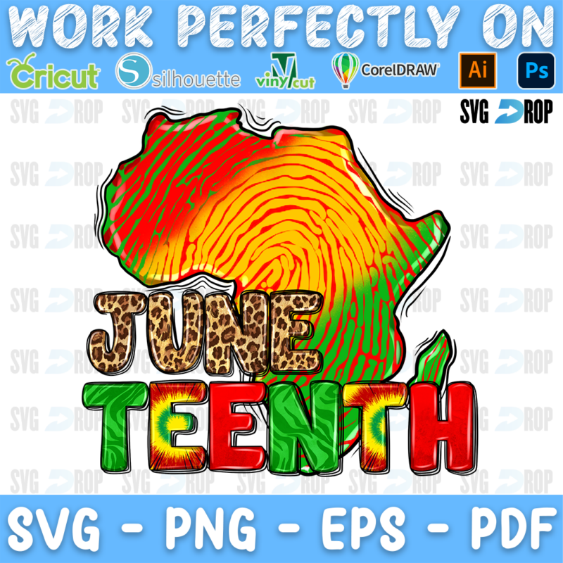 Juneteenth lettering in leopard and red, yellow and green letters with an Africa map filled with a fingerprint. Sublimation PNG