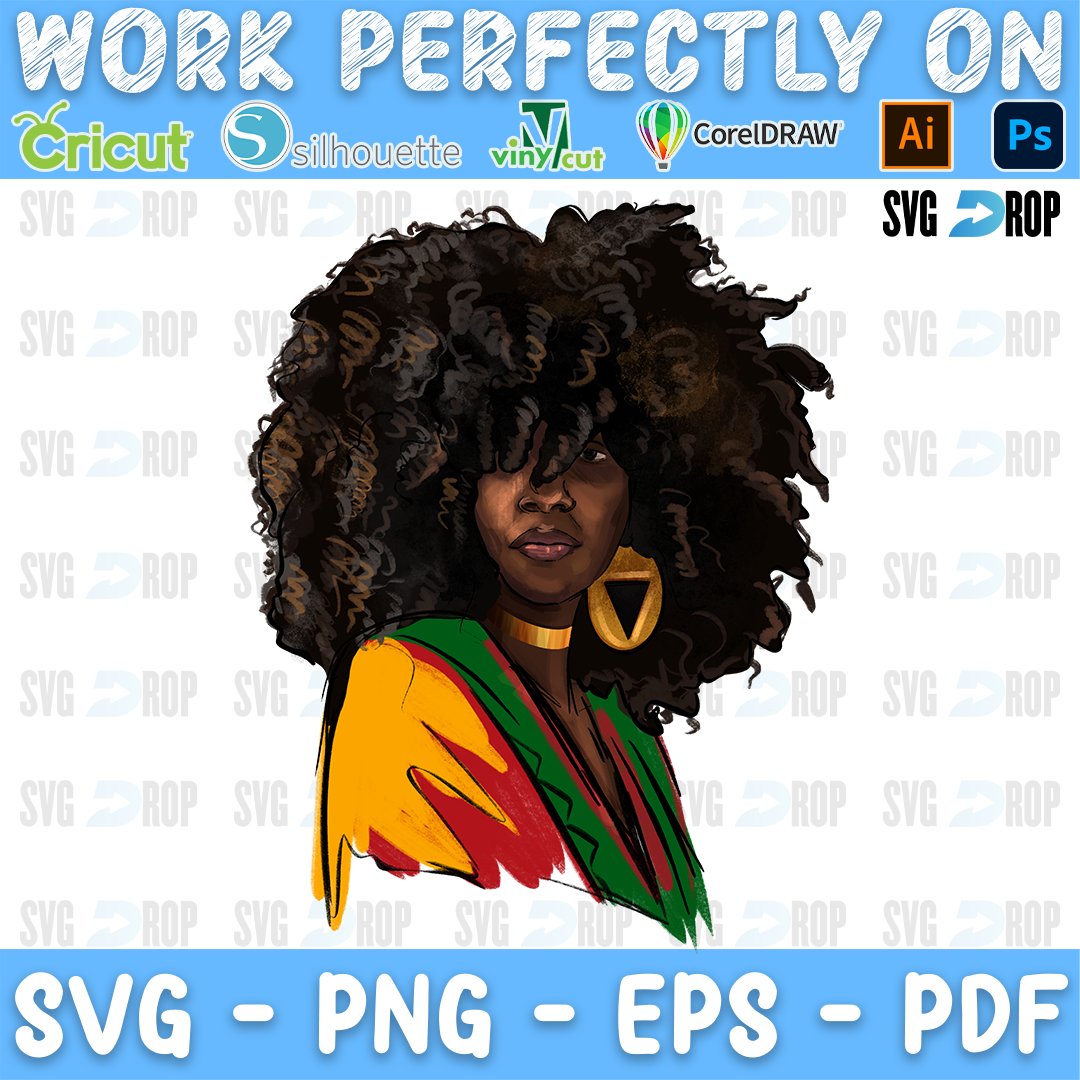 A Black woman with a big curly afro, gold earrings and a red, yellow and green top. Sublimation PNG