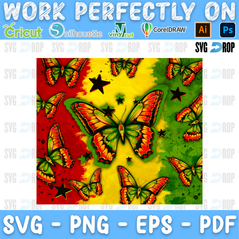 A Juneteenth sublimation panel: many butterflies with red, gold and green wings and black stars over a red, yellow and green painted. Sublimation PNG