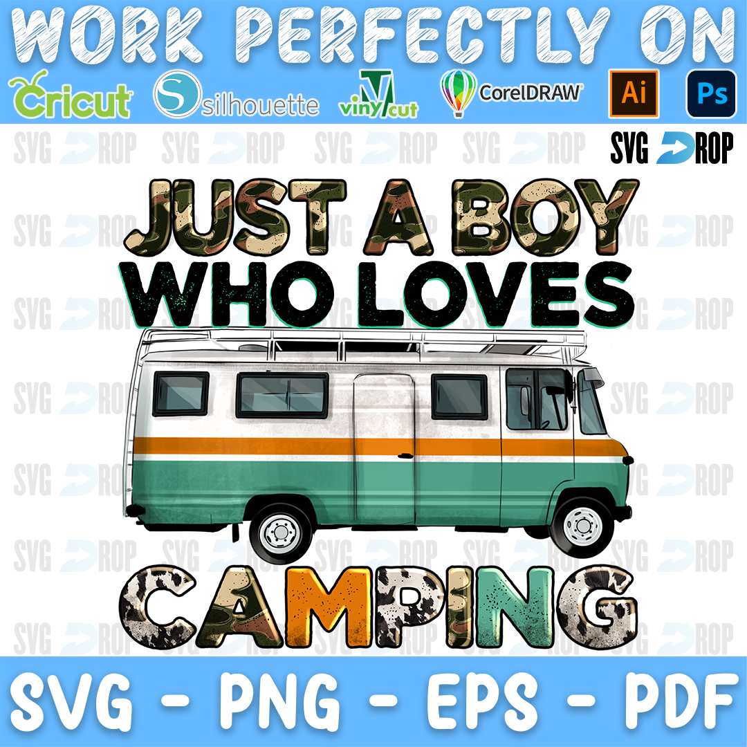 Just a Boy Who Loves Camping lettering in black and camo letters with a retro camper van. Sublimation PNG