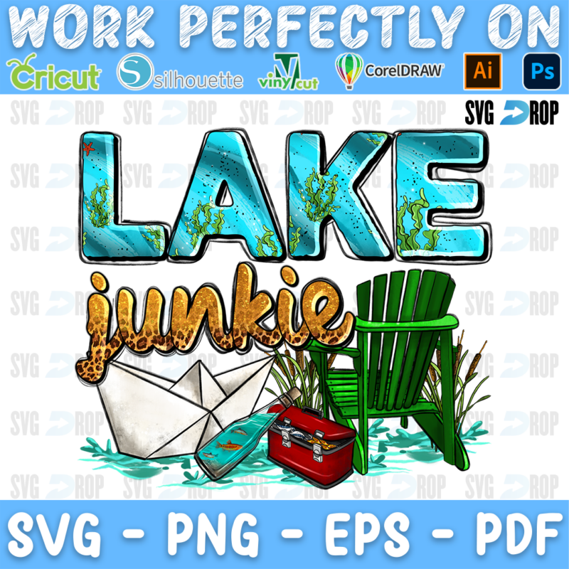 Lake Junkie lettering in turquoise and leopard letters with a green Adirondack chair, a paper boat and a cooler. Sublimation PNG