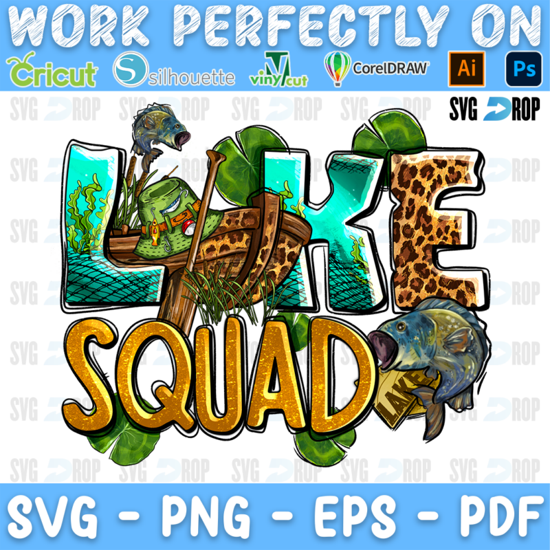 Lake Squad lettering in turquoise, leopard and gold letters with a boat, a bass fish and lily pads. Sublimation PNG
