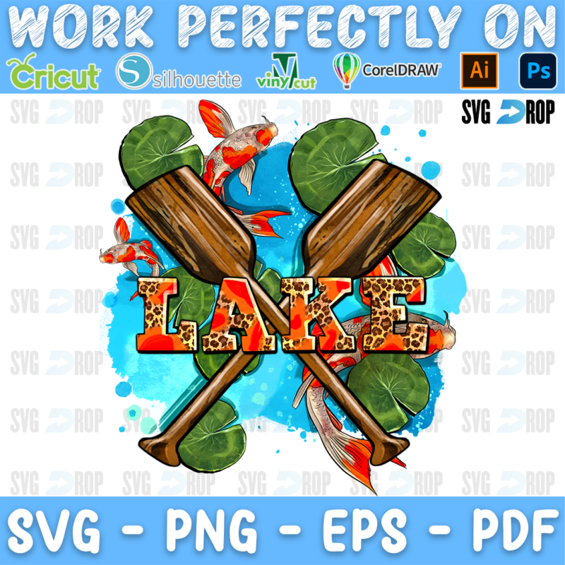 Lake lettering in orange and leopard letters with crossed oars, koi fish and lily pads on a blue splash. Sublimation PNG