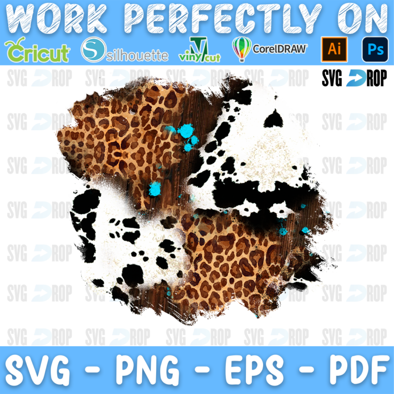 A western patch background: brown leopard print and black and white cowhide on brushed wood tones, dotted with small turquoise. Sublimation PNG