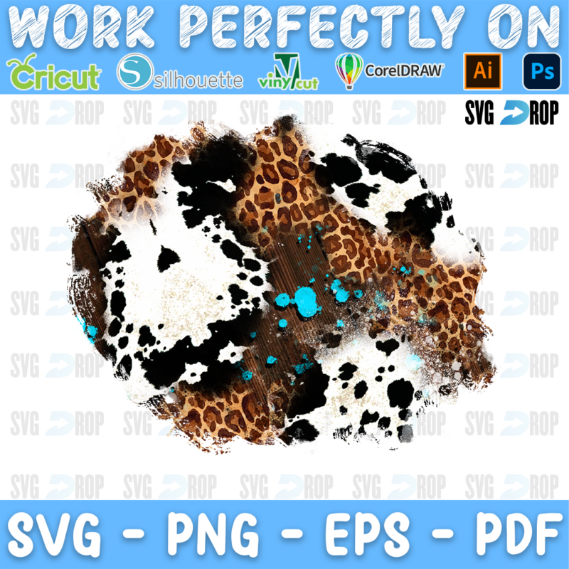 A western patch background in a wide shape: leopard print and cowhide side by side on a brushed brown base, with turquoise speckles. Sublimation PNG