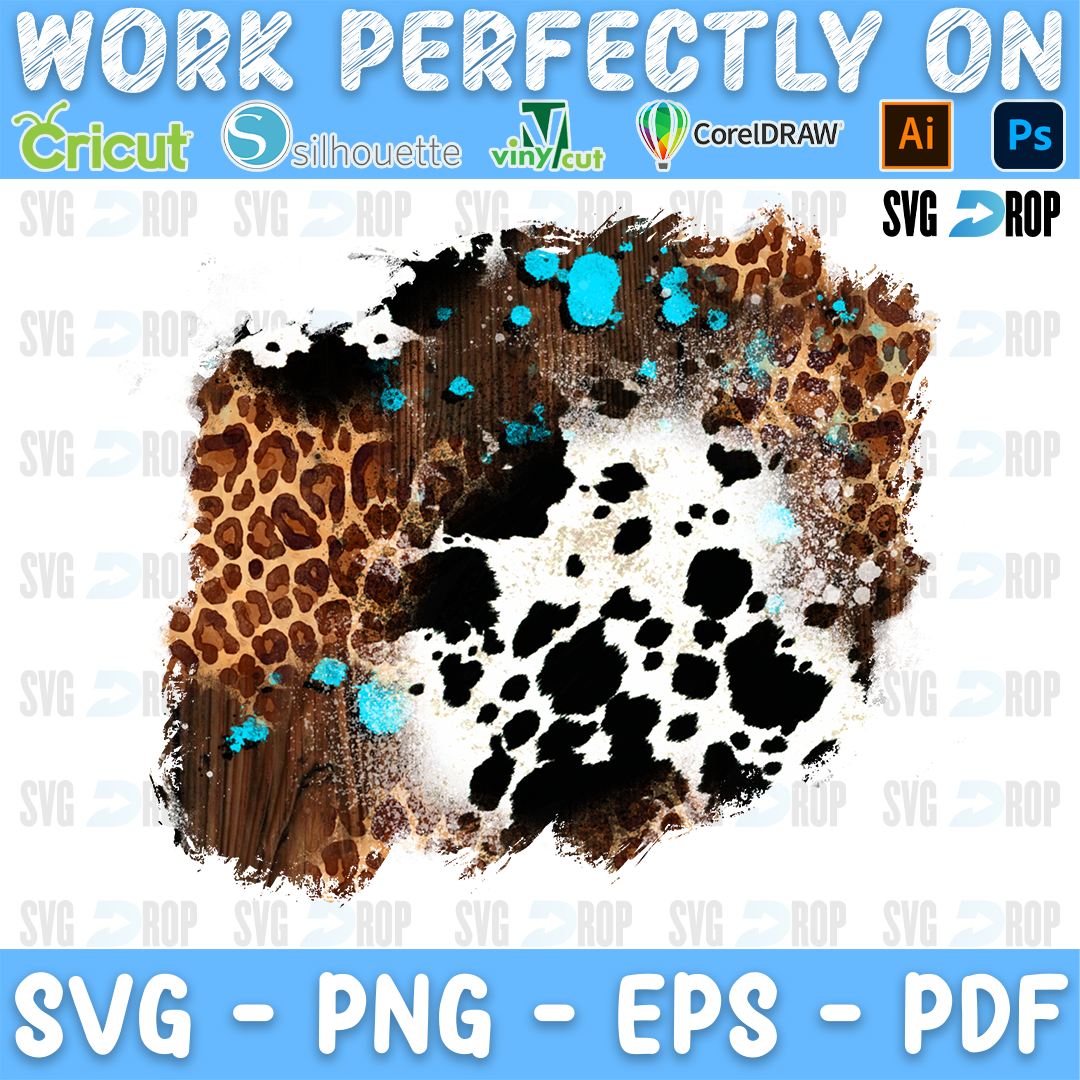 A western patch background: a block of white cowhide with bold black spots in the center, leopard print around it and turquoise. Sublimation PNG