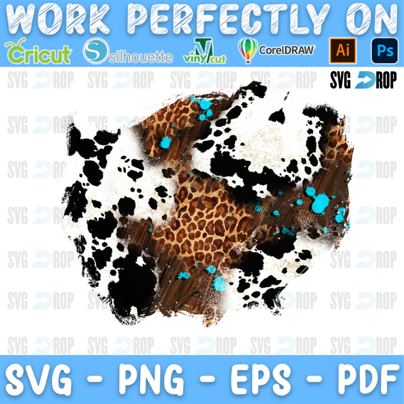A western patch background in a taller shape: mostly black and white cowhide with a leopard print streak through the middle. Sublimation PNG