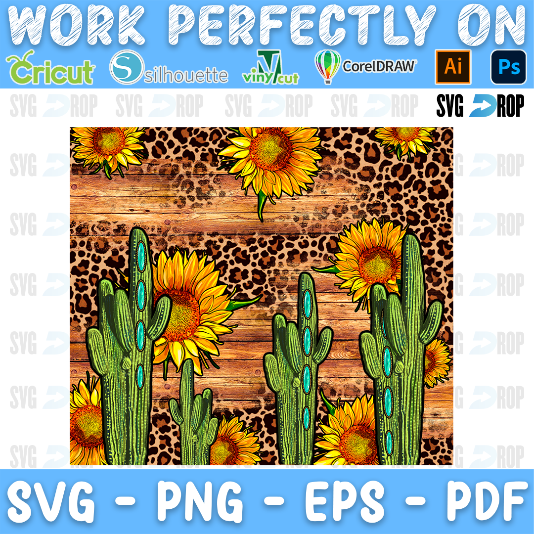 A western pattern of green cactus and sunflowers on wood and leopard print. Sublimation PNG
