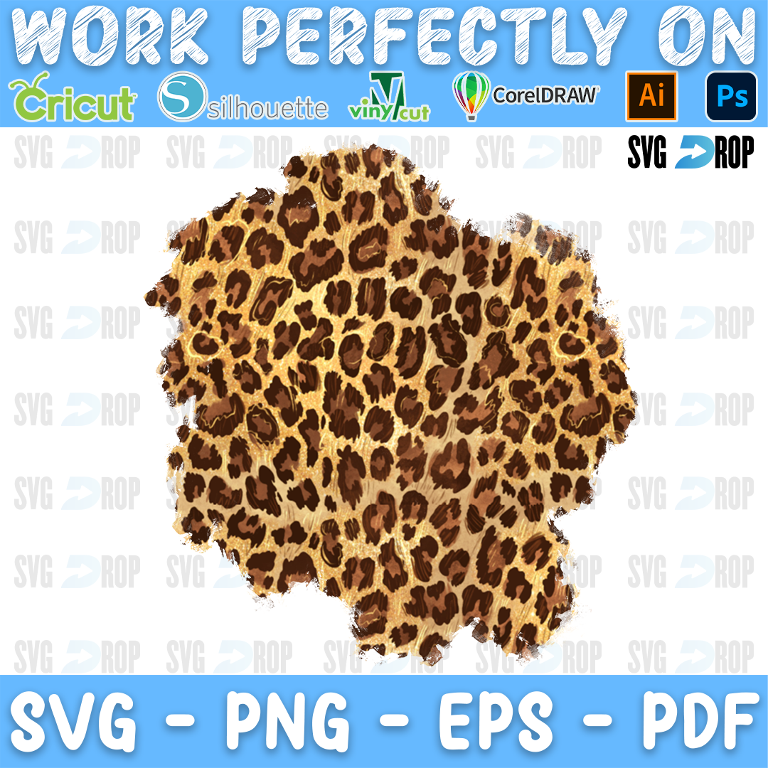 A leopard print patch background: a squarer patch of light tan leopard print with scattered dark spots and ragged brushed edges. Sublimation PNG