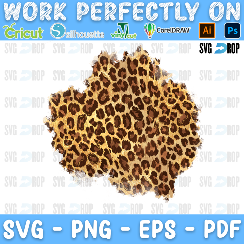 A leopard print patch background: a darker tilted patch of brown leopard print with torn, brushed edges around the shape. Sublimation PNG