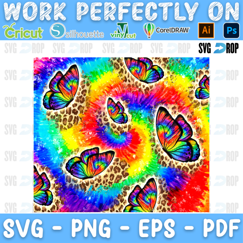 A rainbow tie dye swirl with leopard print and rainbow butterflies. Sublimation PNG